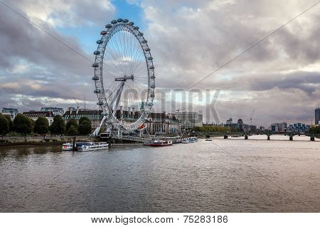 South Bank Of The River Thames And London Skyline In The Evening, United Kingdom