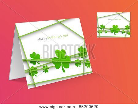 Beautiful greeting card design decorated with Irish lucky shamrock leaf for Happy St. Patrick's Day celebration.