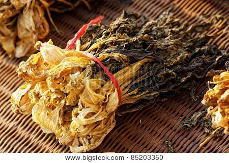 Chinese dried white cabbage on bamboo background