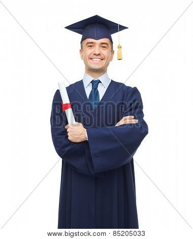education, graduation and people concept - smiling adult student in mortarboard with diploma
