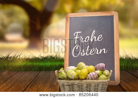 Easter eggs in basket against frohe ostern