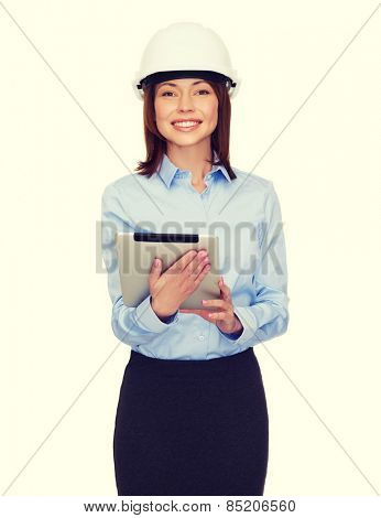building, developing, consrtuction and architecture concept - friendly young smiling businesswoman in white helmet