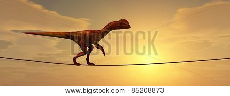 Concept or conceptual abstract business metaphor as wild heavy dinosaurus balancing on rope over sunset sky background banner