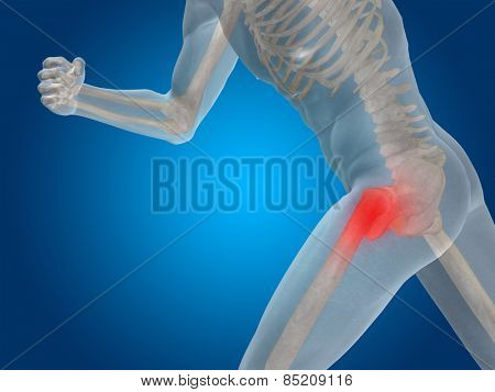 Conceptual 3D human man anatomy or health design, joint or articular pain, ache or injury on blue background, for medical, fitness, medicine, bone, care, hurt, osteoporosis, painful, arthritis or body