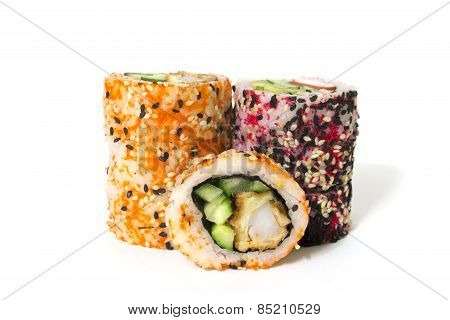 Round Rolls With Cucumber And Crab On A White Background
