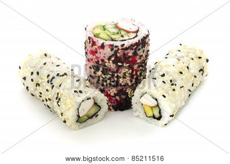 Round Rolls With Cucumber And Crab Vertically Isolated Overwhite