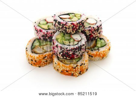 Round Rolls With Cucumber And Crab Isolated Over white