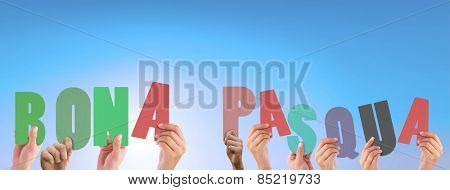 Hands holding up bona pasqua against blue sky