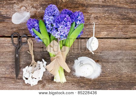 Blue hyacinth and easter set up