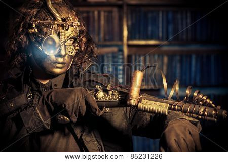 Steampunk man wearing mask with various mechanical devices.  Fantasy.