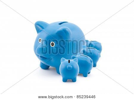 Blue piggy banks feeding from their mother