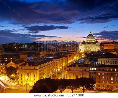 Rome, Italy. St. Peter's cathedral after sunset