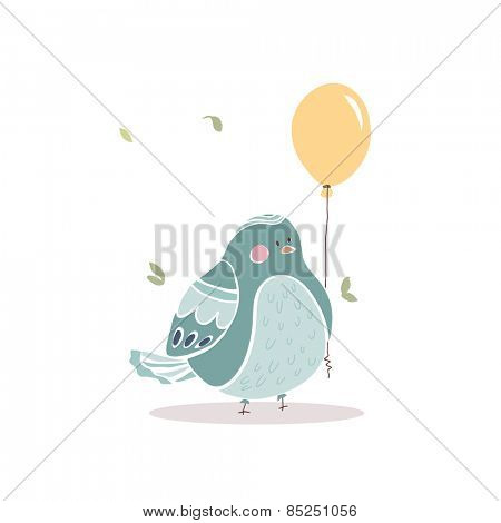 birthday card with chubby bird with aballoon