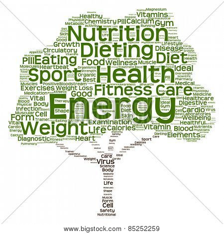 Concept or conceptual green text word cloud or tagcloud tree isolated on white background, metaphor to health, nutrition, diet, healthy, wellness, body, energy, medical, sport, heart or science