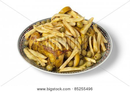  Traditional moroccan stuffed chicken with french fries on white background