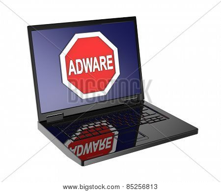 Adware warning sign on laptop screen. Computer generated 3D photo rendering.