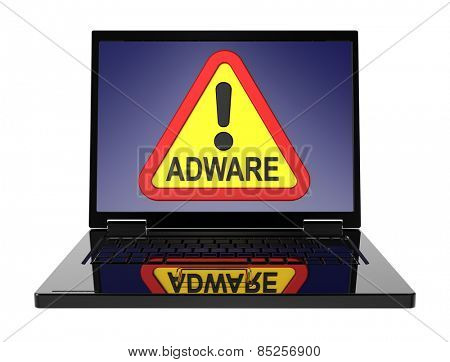Adware warning sign on laptop screen. Computer generated 3D photo rendering.