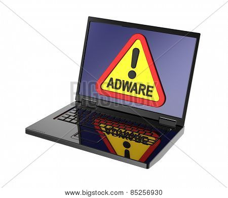 Adware warning sign on laptop screen. Computer generated 3D photo rendering.