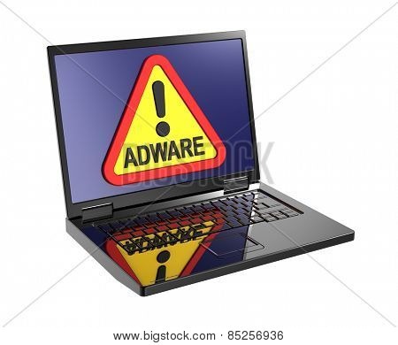 Adware warning sign on laptop screen. Computer generated 3D photo rendering.