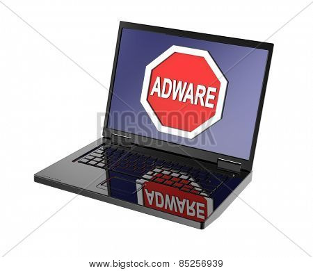 Adware warning sign on laptop screen. Computer generated 3D photo rendering.
