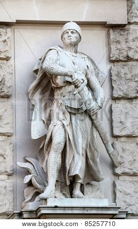 VIENNA, AUSTRIA - OCTOBER 10: Viktor Tilgner: Crusader, on the facade of the Neuen Burg on Heldenplatz in Vienna, Austria on October 10, 2014.
