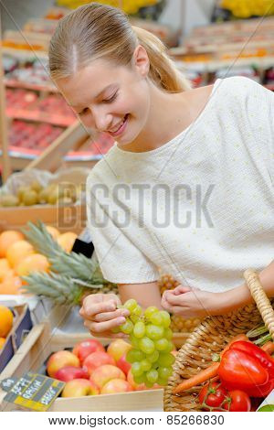 Woman choosing a bunch of grapes