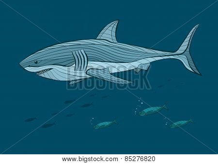 Decorative white shark in the sea with fish