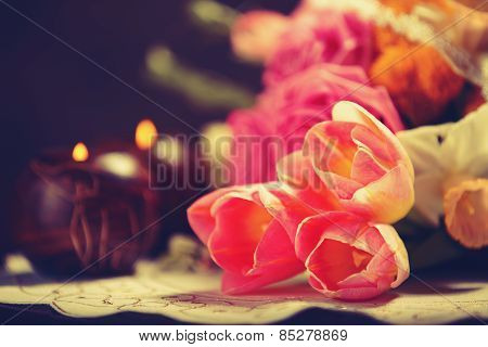 Pink Tulips And Candles