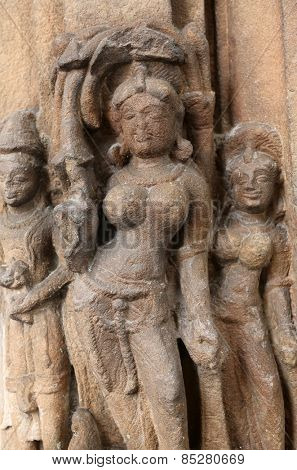 KOLKATA, INDIA - FEBRUARY 15: Door frame with Ganga and Yamuna lintel: Surya, from 10th century found in Banaras, Uttar Pradesh now exposed in the Indian Museum in Kolkata, on February 15, 2014