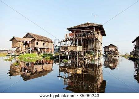 Floating Village Houses In Inle Lake, Myanmar
