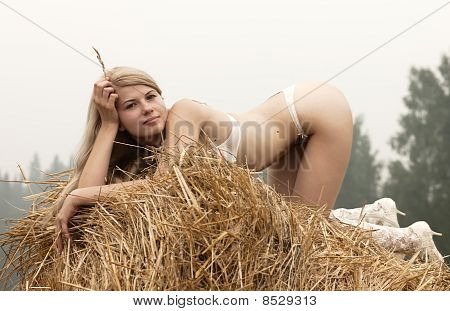 Młode Sexy kobieta wśród słomy.