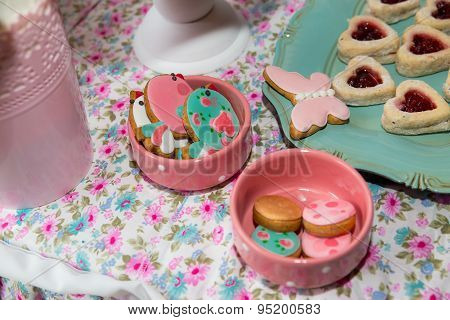 Prepared birthday table with sweets for children party