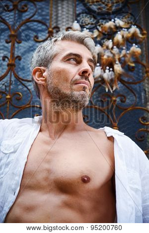 Sexy Fashion Portrait Hot Male Model In Stylish Jeans And Shirt With Muscular Body Posing. And Dream
