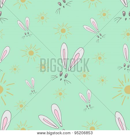 Seamless Pattern Of The Hare And The Sun. Fabric Made Of Children's Drawings
