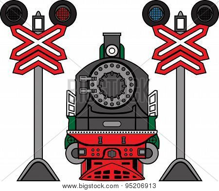 Locomotive and semaphores. rail set color illustration