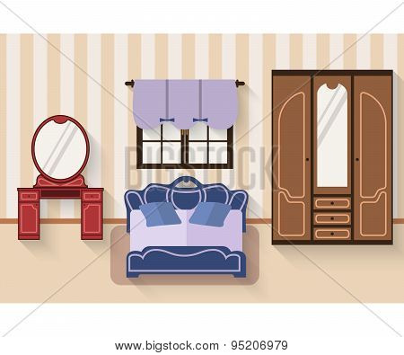 Bedroom with furniture and long shadows. Flat style vector