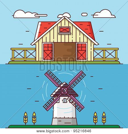 Vector Linear Flat Rural Landscapes. Granary And Windmill - Objects For Design, Labels Or Banners