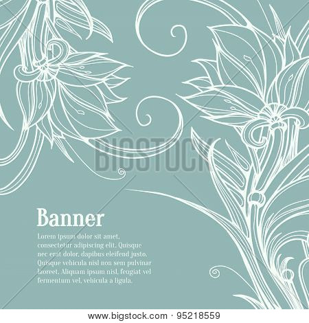 White Lotus flowers on blue background. Hand-Painted Line Drawin
