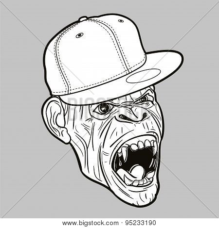 Angry ape with baseball cap - editable vector graphic