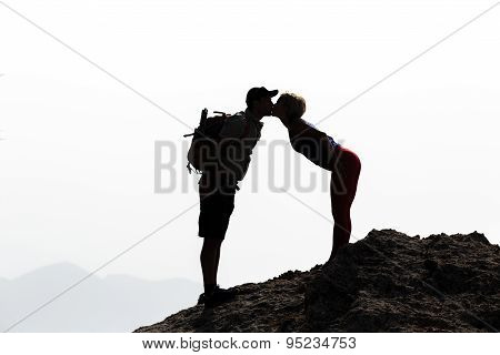 Happy Love Couple Kissing On Mountain Summit