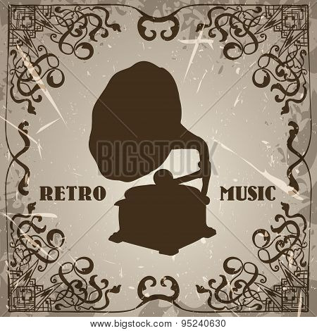 Poster with vintage gramophone. Retro hand drawn vector illustration label 