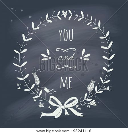 Valentine's day and wedding wreath and lettering on blackboard