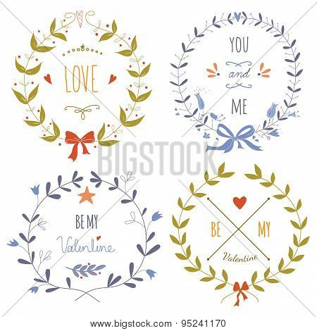 Set of Valentine's day and wedding wreaths and lettering