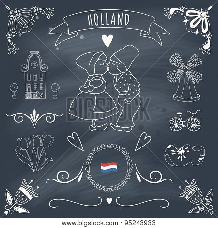 Collection Of Dutch Ornaments On Blackboard