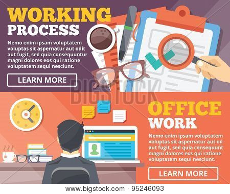 Working process, office work flat illustration concepts set