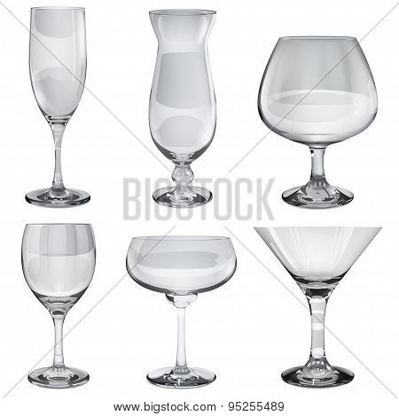 Set Of Empty Opaque Glass Goblets For Different Drinks