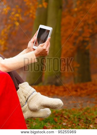 Woman In Autumn Park Using Tablet