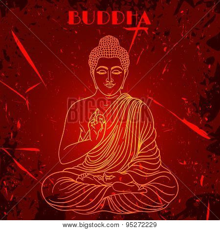 Vintage poster with sitting Buddha on the grunge background over ornate mandala round pattern. Retro