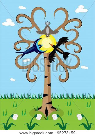 Three birds and tree.