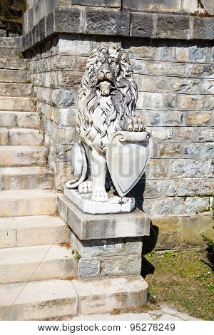 Lion Statue In The Garden Of Peles Castle, Romania